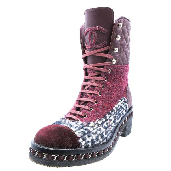 【美品】シャネル ブーツ マトラッセ　ツイード チェーン　CHANEL CHANEL（シャネル） G32142 ツイード マトラッセ チェーン レース