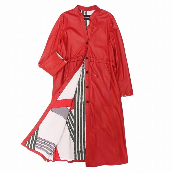 EMPORIO ARMANI 美品 レザー ロング コート ジャケット ノーカラー