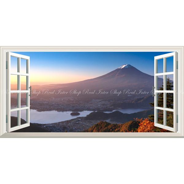 絵画風 壁紙ポスター 窓の景色 地球の撮り方 新道峠からの富士山と河口湖 紅葉 夕焼け パノラマ 【窓仕様】 キャラクロ CZJP