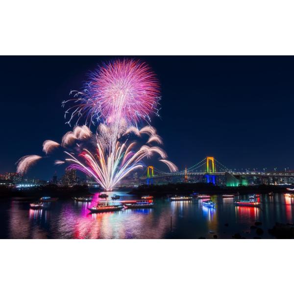 絵画風 壁紙ポスター 隅田川花火大会 屋形船 夜景 レインボーブリッジ 東京都 キャラクロ TKY-003W1 (ワイド版 921mm×576mm)