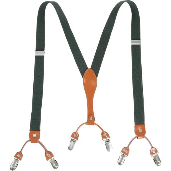 サスペンダー レザー＆ゴムサスペンダー メンズ レディース Y型 2.5cm幅x最長110cm(ダークグリーン,  Free Size)