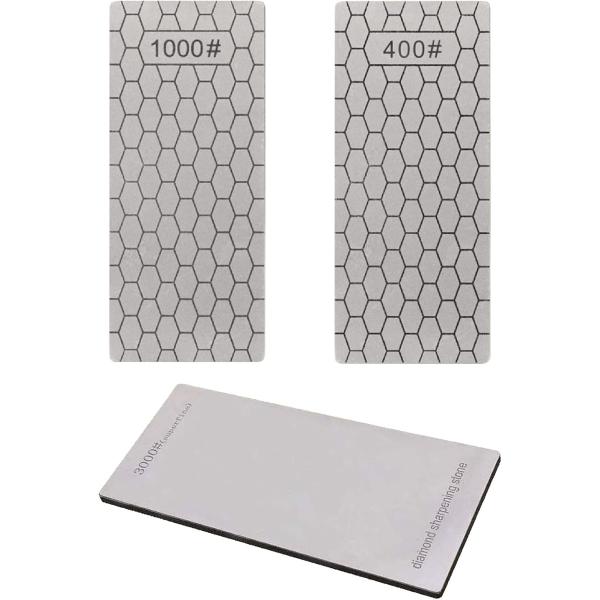 「商品内容」家庭用包丁から超硬合金までの刃研ぎ用ダイヤモンド砥石・やすりプレート 粒度： #400 #1000 #3000 の3枚セット ＊砥石台などを利用すれば作業しやすくなります。研ぎ方は普通砥石と同じように研いでください。「特徴」荒砥...