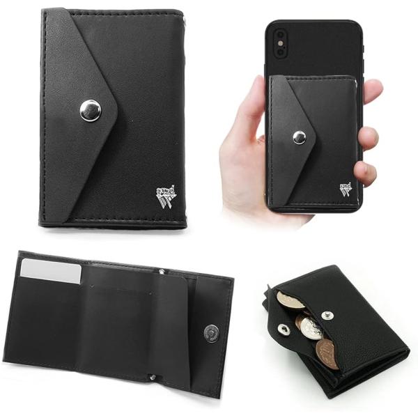 PUレザー ミニマム財布and W スマホ取付OK iPhone/android 繰り返し取外しできる MDM(ブラック,  Small)