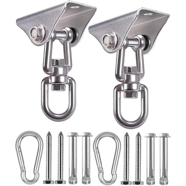 ・防錆性を持つステンレススチール（SUS304）製スイングハンガー2個セット。・壁や天井取り付け型スイングフック、屋内や屋外の遊び場のスイング/ブランコ吊り下げ用金具としても。・用途：エアリアルヨガ ハンキングチェア、キッズ用ブランコ、ハン...