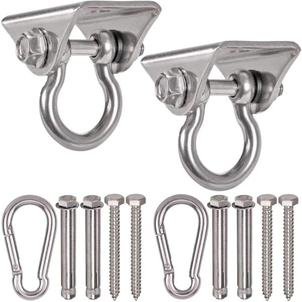 ・防錆性を持つステンレススチール（SUS304）製スイングハンガー2個セット。・壁や天井取り付け型スイングフック、屋内や屋外の遊び場のスイング/ブランコ吊り下げ用金具としても。・用途：エアリアルヨガ ハンキングチェア、キッズ用ブランコ、ハン...