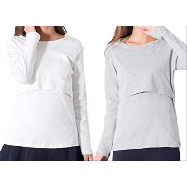 授乳服 授乳口付き 長袖 Tシャツ カットソー マタニティ ウエア 選べる カラー ロンT 2枚 セット 白 x( 白 x グレー)