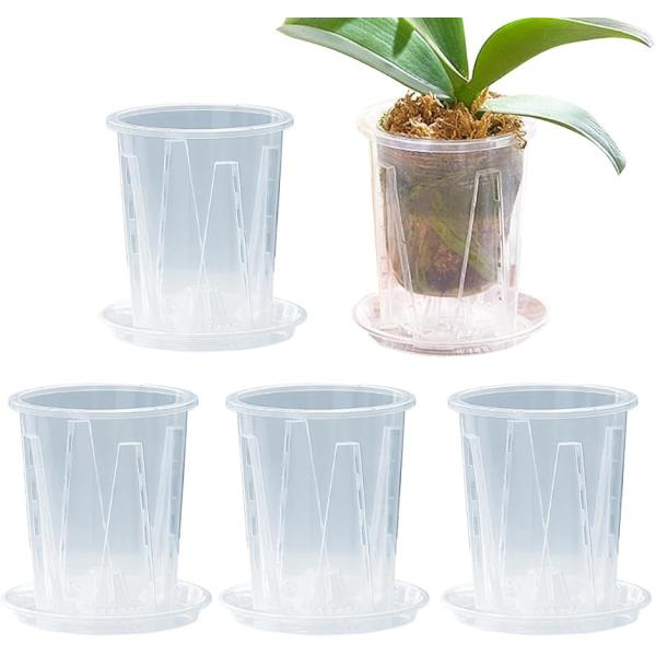 植木鉢 透明 底皿付き スリット鉢 観葉植物 プラスチック プラ鉢 5個セット (クリア, 10cm)