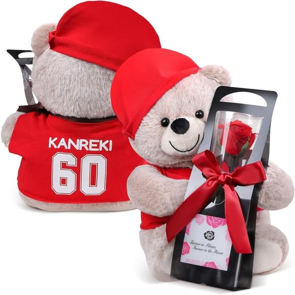 「還暦祝いの特別ギフトに最適」 60歳という大切な節目を迎える方へ、感謝とお祝いの気持ちを込めて贈るのにぴったりなセットです。クマのぬいぐるみとプリザーブドフラワーが織り成す華やかな演出で、思い出に残る一日をさらに彩ります。(本商品の対象年...