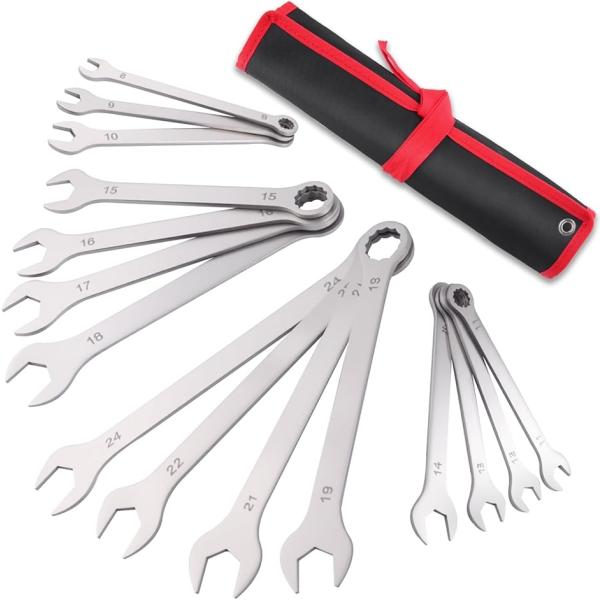 【Yahoo!ランキング1位入賞】コンビネーションレンチ 薄型 薄型コンビネーションレンチセット 15本組 軽量 (レッド ブラック)