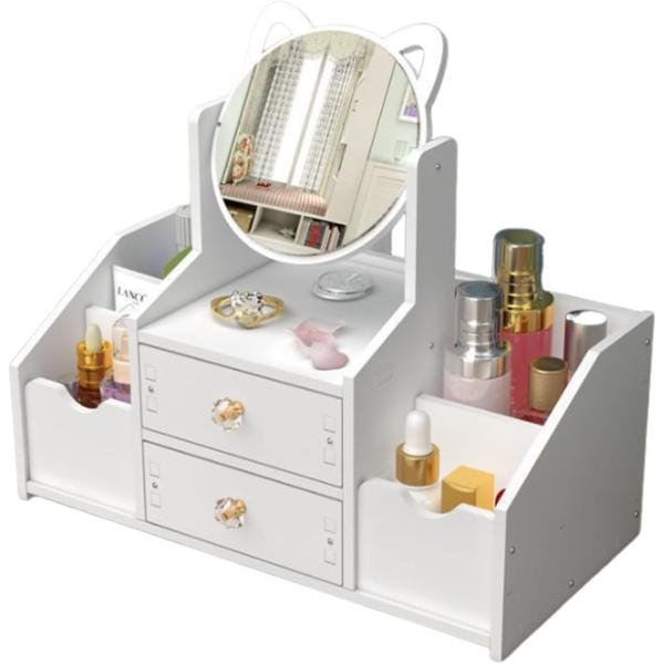 バリエーションコード : 2BJ0598VST「ミニサイズの可愛いドレッサー」化粧道具や小物入れに使える可愛いミニドレッサーです。シンプルなホワイトカラーで、猫耳や四角デザインのミラーで化粧をお楽しみいただけます。「コンパクトで置く場所を自...
