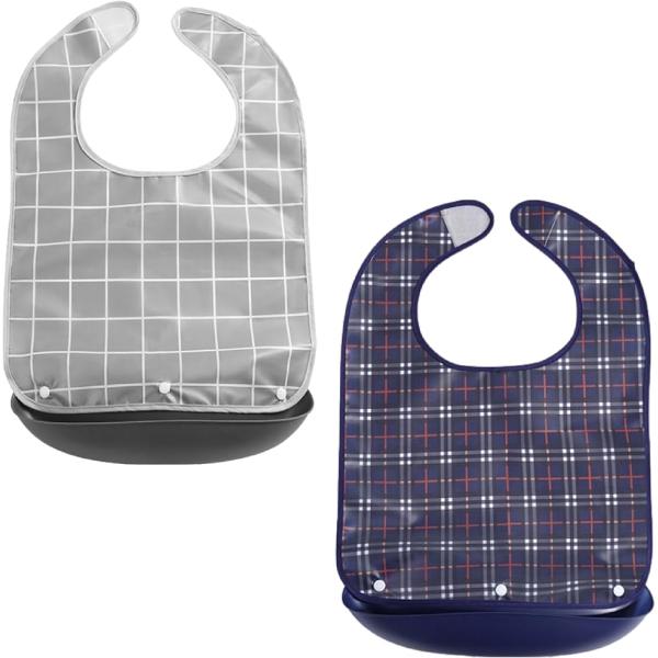 介護用，食事用エプロン２枚セットです。防水・防汚、受け皿付き。座って食事できる方のための中型サイズです。高さ：53cm、幅：36cm。受け皿がちょうどおへその当たりにきますので、椅子に座って食事される方にちょうどいいサイズです。大型サイズの...