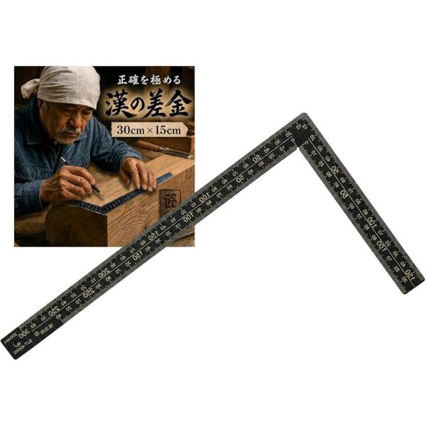 漢の差金 定規 スコヤ 差し金 曲尺 直角定規 L型 ステンレス (１本　ブラック 30cmx15cm 厚み2mm)