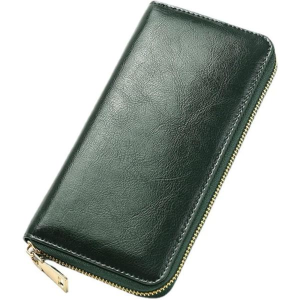 長財布 本革 オイルレザー 経年変化を楽しむ メンズ レディース スキミング防止 RFID 大容量 牛革 ラウンドファスナー (グリーン)