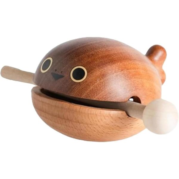木魚 バチ セット ミニ クジラ 楽器 仏具 木製 置物 持ち運び (ブラウン,  くじら７cm)