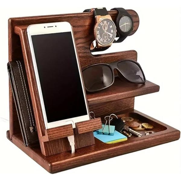 木製デスクオーガナイザー スマートフォンスタンド 腕時計ホルダー サングラス収納 小物入れ付き (ブラウン)