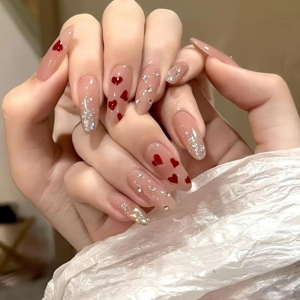 ネイルチップ ハート バレリーナ 韓国 ギャル 可愛い フレンチ つけ爪 nail グッズ (レッド3,  ロング)