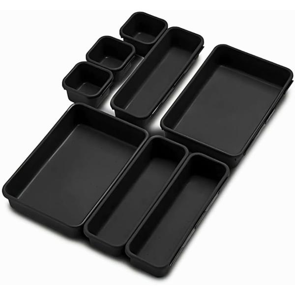 引出し 仕切り 収納トレイ デスク整理トレイ 小物 文房具 カトラリー 化粧品 8個セット (ブラック)