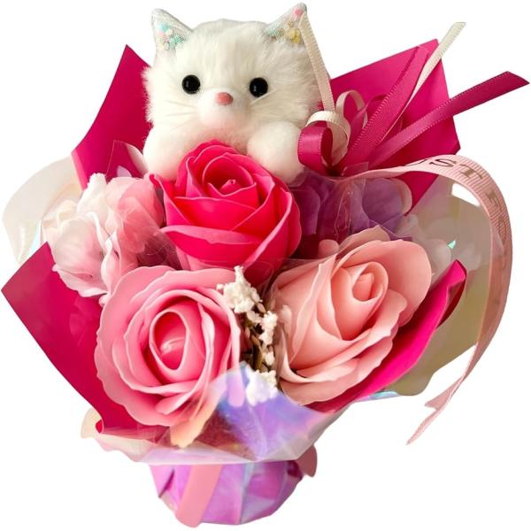 バリエーションコード : 2BU5JXNG8H本物みたいで綺麗なソープフラワーの薔薇＆フェイクフラワーの花束。「サイズ」本体 15x15x高さ約21cm、パッケージ 12.5x12.5x高さ20cm「材質」ねこ＞ポリエステル、花＞ソープフラ...