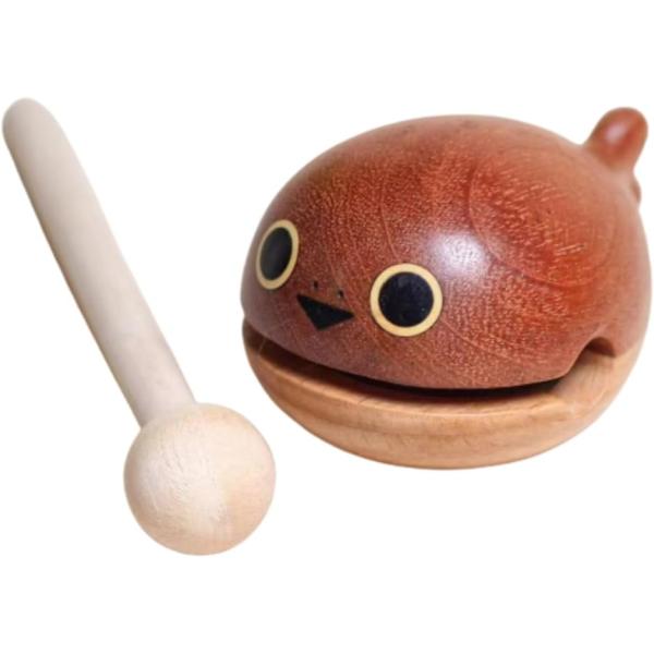 木魚 クジラ 仏具 バチ セット 木製 楽器 (ブラウン,  高さ約7cm、幅約4.8cm、奥行き約4.2cm　木槌の長さ12cm)
