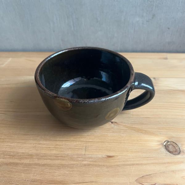 小石原焼 やままる窯 鉄釉の渋みと水玉の遊び心 黒のスープカップ 具沢山のスープやサラダに カフェオレボウル