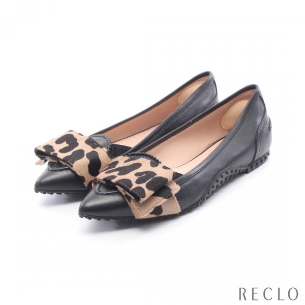 TOD’Sレオパードハラコ・フラットシューズ・パンプス (ヒール高1cm) トッズ TOD'S フラットシューズ リボン レオパード レザー ハラコ