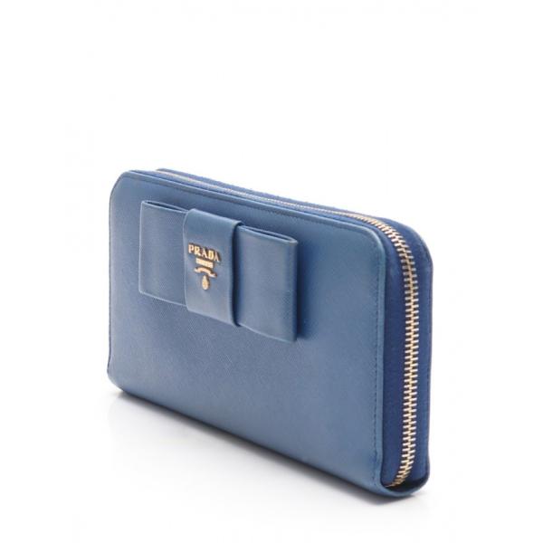 プラダ Prada 財布 Saffiano Fiocco 青 ラウンドファスナー長財布 古着 プラダ サフィアーノレザー 青 1m0506 レディース 中古 Recloヤフーショップ