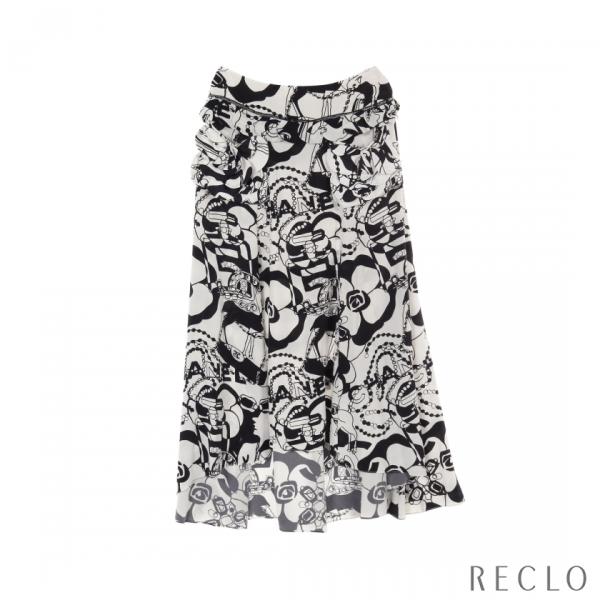 シャネル CHANEL カメリア ココマーク スカート 総柄 シルク ホワイト