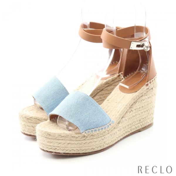 【中古】エルメス ティポリ サンダル ウェッジソール ストラップ エスパドリーユ レザー 35 ベージュ 茶 水色 HERMES（エルメス） ティポリ サンダル デニム レザー ライトブルー