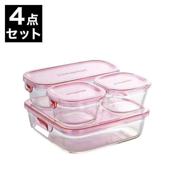 イワキ iwaki 耐熱ガラス 保存容器 グラスコンテナ 4個セット ピンク