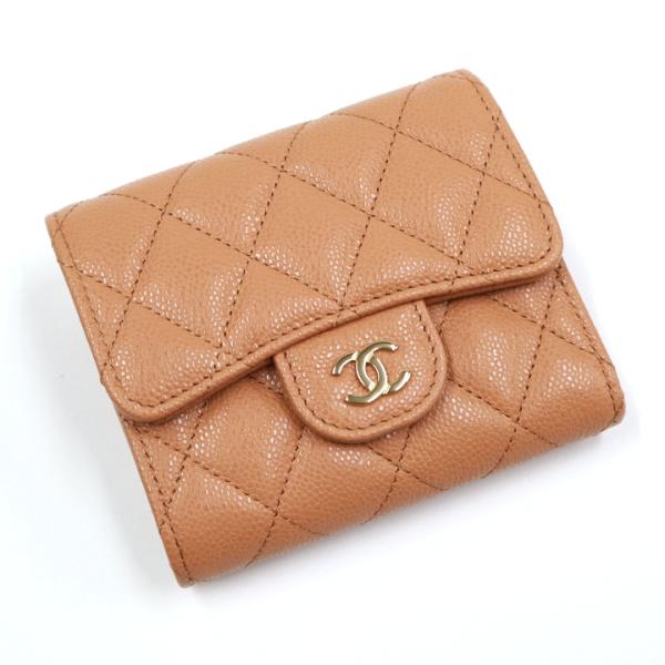 CHANEL】シャネル 三つ折りコンパクト財布 キャビアスキン キャメル  