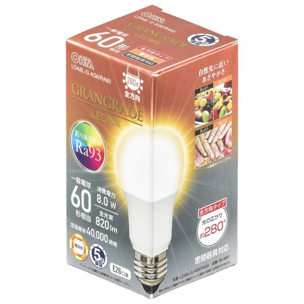 オーム電機 LED電球 E26 60形相当 電球色 LDA8L-G AG6/RA93 06-3861 OHM