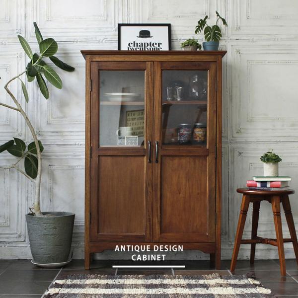 アンティークデザイン キャビネット おしゃれ 天然木 ガラス扉