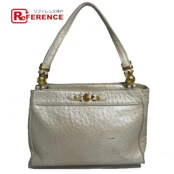 VERSACE ヴェルサーチ サンバースト オーストリッチ型押し ショルダーバッグ レザー ベージュ レディース【中古】