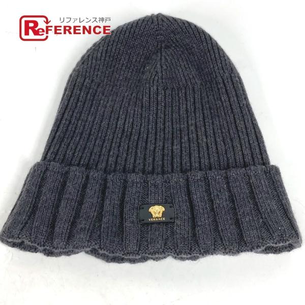 美品 VERSACE ヴェルサーチ メデューサ ビーニー 帽子 ニット帽 ニットキャップ ニット帽 グレー レディース【中古】