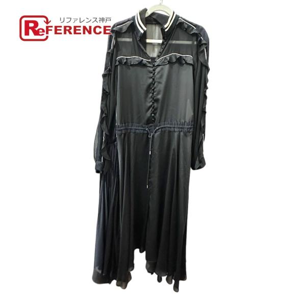 Sacai サカイ 19-04313 プリーツシフォン アパレル シースルー フリル フレア 19SS ワンピース ブラック レディース【中古】
