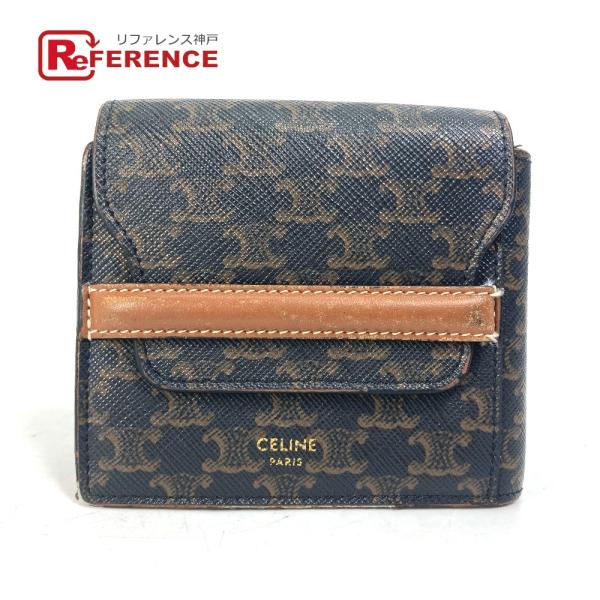 CELINE セリーヌ トリオンフ 札入れ フラップ付き 2つ折り財布 レザー ブラウン メンズ【中古】
