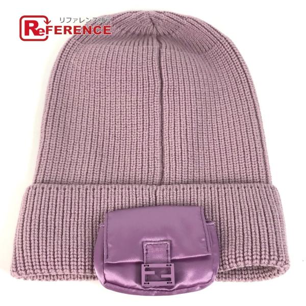 美品 FENDI フェンディ FXQ938 ロゴ ポケット付き ビーニー 帽子 ニット帽 ニットキャップ ニット帽 パープル レディース【中古】