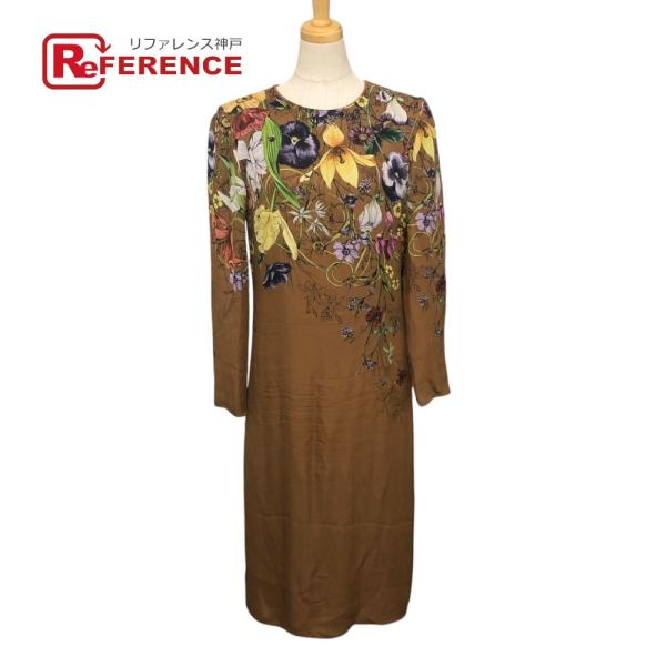GUCCI グッチ フローラライン アパレル 長袖 花柄 裏地付き ワンピース ブラウン レディース【中古】