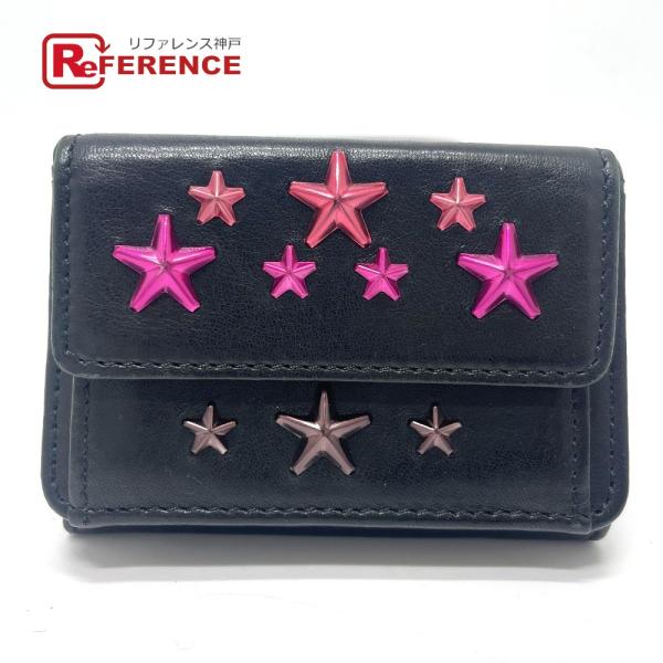 JIMMY CHOO ジミーチュウ スタースタッズ コンパクト ミニウォレット 3つ折り財布 レザー ブラック レディース【中古】