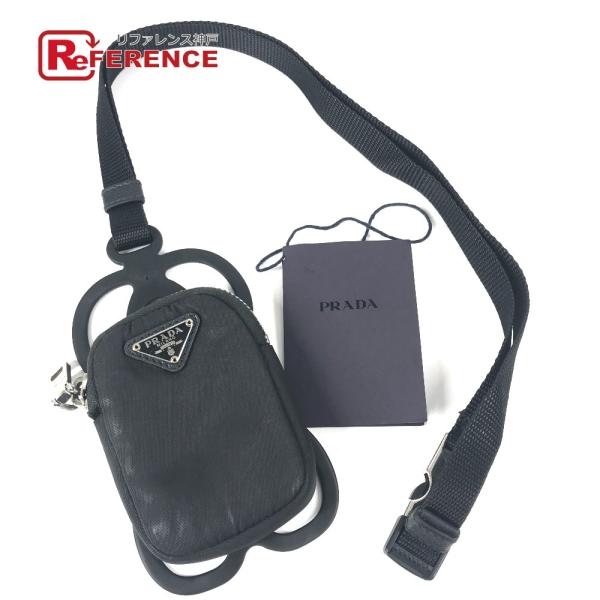 PRADA プラダ トライアングルロゴ 三角ロゴ プレート スマホポーチ iphoneケース ネックストラップ付 携帯ケース ブラック【中古】