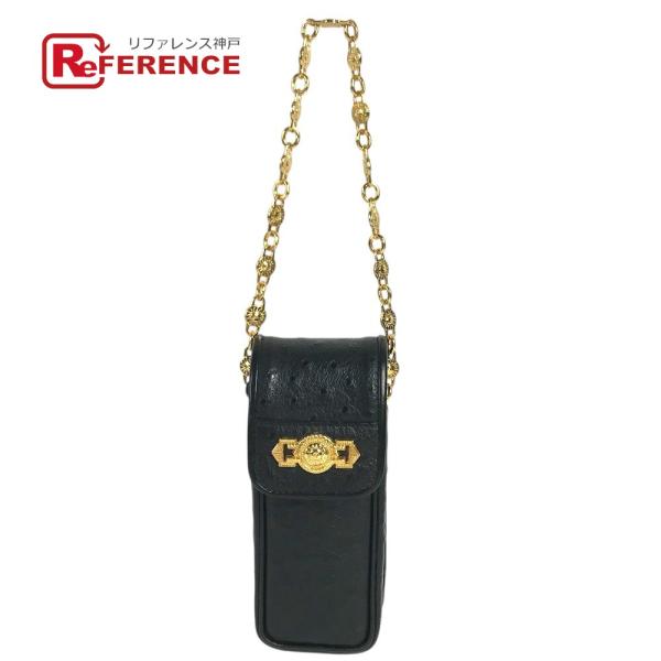 美品 VERSACE ヴェルサーチ サンバースト ロゴ 携帯ポーチ カバン フラップ チェーンバッグ ヴィンテージ ハンドバッグ ブラック【中古】
