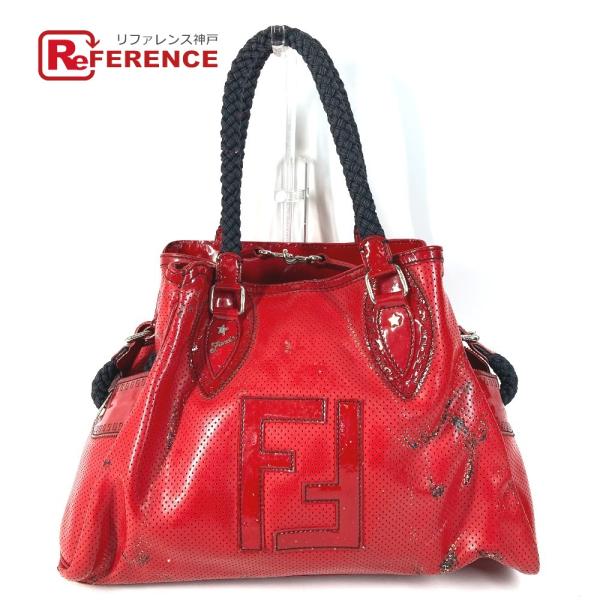 FENDI フェンディ FF ロゴ エトニコ パンチング カバン 肩掛け トートバッグ ショルダーバッグ レッド ユニセックス【中古】
