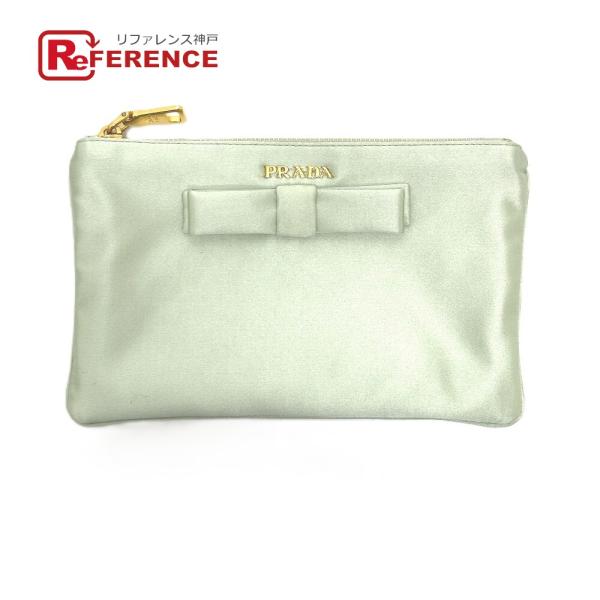PRADA プラダ 1M1214 ロゴ リボン フラット クラッチバッグ メイクポーチ マルチポーチ 化粧ポーチ ポーチ ACQUA グリーン系