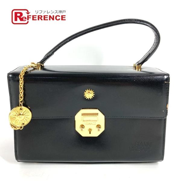 VERSACE ヴェルサーチ サンバースト ロゴ バニティバッグ カバン フラップ チェーン ヴィンテージ ハンドバッグ ブラック 【中古】
