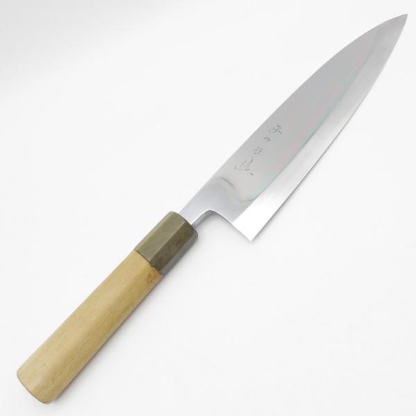 【未使用/美品】特注品 菱形薄刃包丁　八寸　鏡面黒檀八角柄 水本焼 白鋼 相柳 白鋼 300mm 油本焼 平鏡面 波浮かし 八角黒檀柄 白木健一作