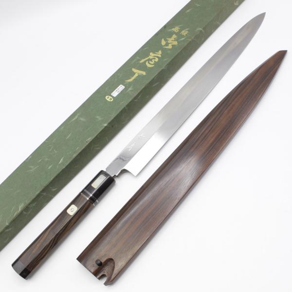 本焼　佑成　柳刃　包丁　和包丁　刃紋あり　黒檀　黒水牛八角柄　鞘付き　か鏡面 refun_18878