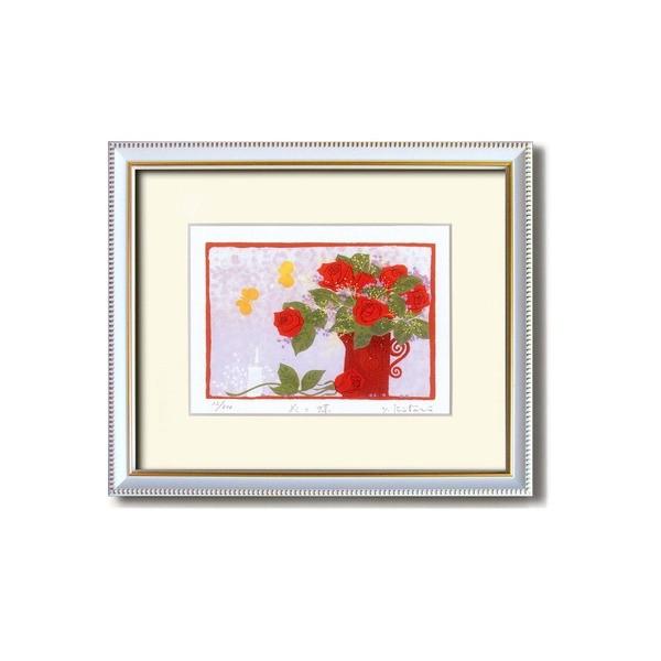 花 風水額 シルク版画 吉岡浩太郎 赤い花 吊りひも付き 日本製