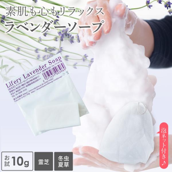 セットの内容 ●霊芝・冬虫夏草 ラベンダーソープ10g　1個 約2.2×約4.4×約0.9cm●石鹸ネット 1個【特徴】 ● リラックス効果満点の濃密泡が毛穴の奥までキレイにOFF! ● さっぱりなのに、つっぱらない自然派の固形石鹸。 ● ...