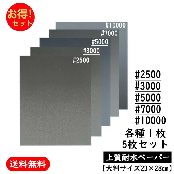紙やすり 耐水ペーパー #2500 #3000 #5000 #7000 #10000 お得 セット サンドペーパー かみやすり 紙ヤスリ 5枚 23×28cm