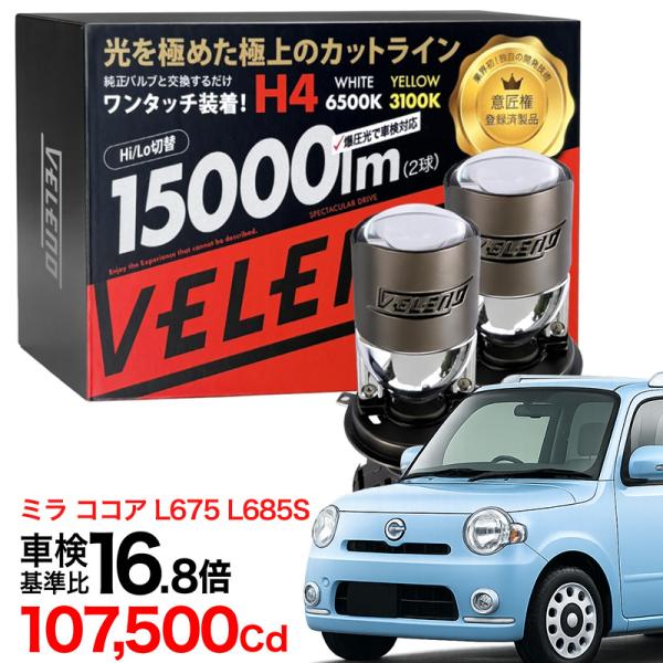 ミラ ココア H24.4〜H30.3 L675 L685S 専用 H4 LED プロジェクター ヘッドライト 実測値 15000lm ハイビーム ロービーム 車